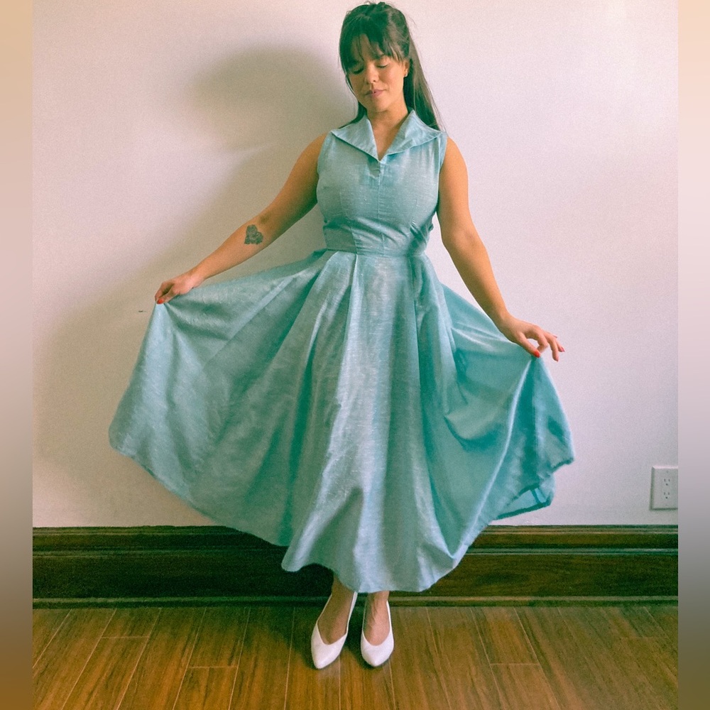 Vintage 1950s Pale Greeny Blue Sleeveless Dress with Matching Bolero